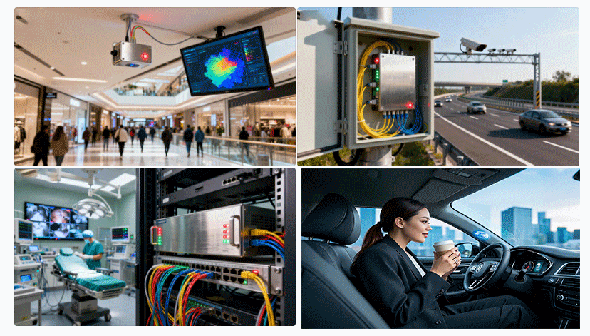 光開關(guān)在室內(nèi)定位、智能交通、醫(yī)療通信等典型場景示意圖 - 廣西科毅