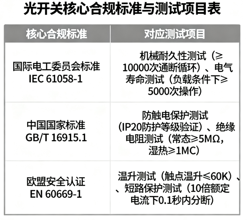 光開關(guān)行業(yè)標(biāo)準(zhǔn)合規(guī)測試項(xiàng)目認(rèn)證要求