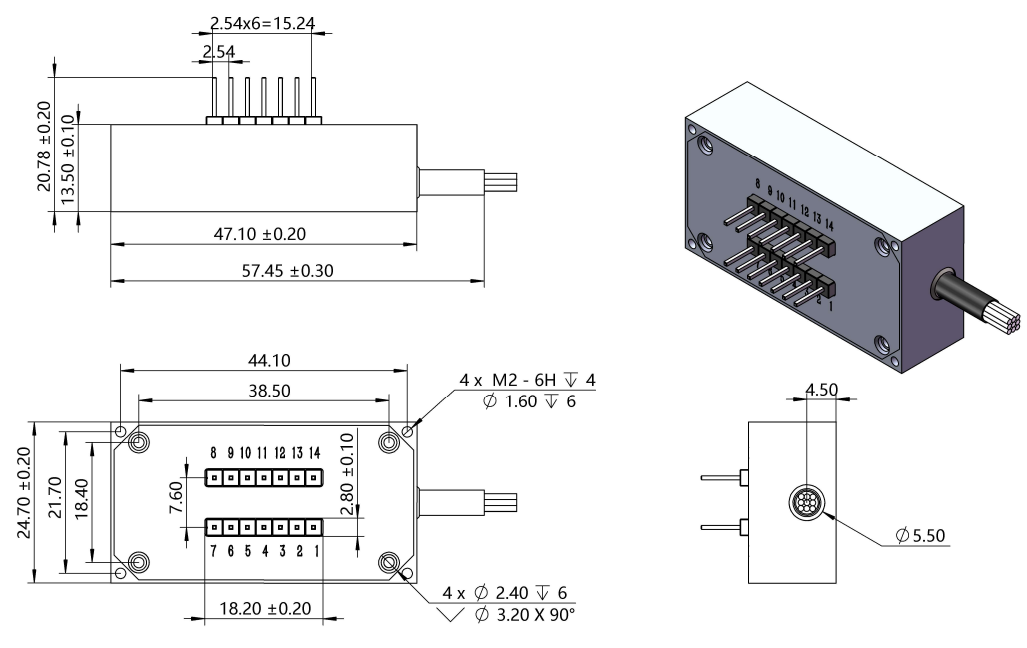 2x6 MEMS光開關(guān)模塊尺寸示意