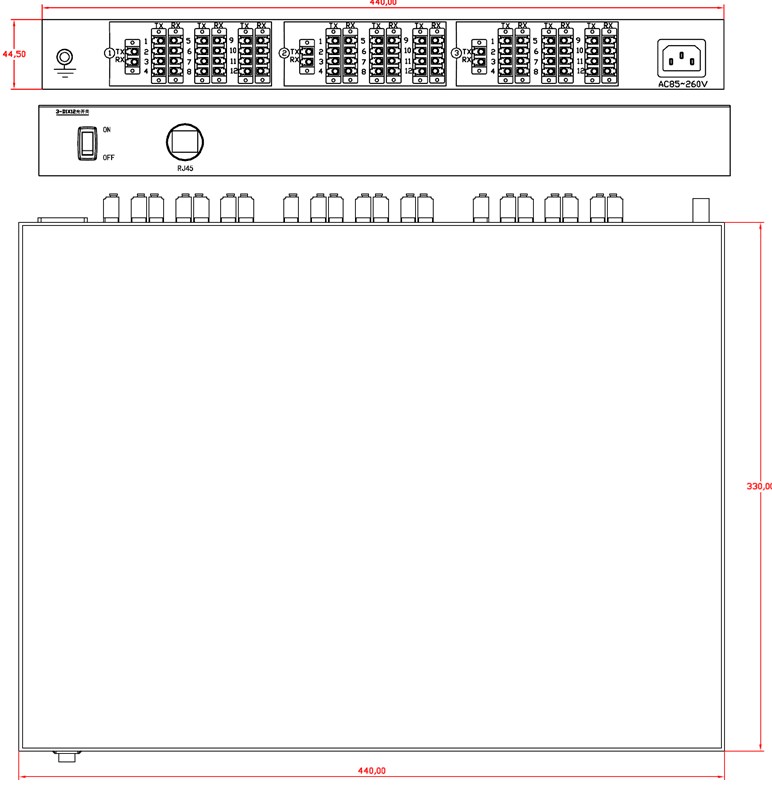 3-D1×12機(jī)架式光開關(guān)尺寸圖 - 廣西科毅光通信